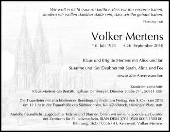 Anzeige von Volker Mertens von Kölner Stadt-Anzeiger / Kölnische Rundschau / Express