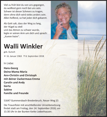 Anzeige von Walli Winkler von Kölner Stadt-Anzeiger / Kölnische Rundschau / Express