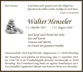 Anzeige von Walter Henseler von  Schlossbote/Werbekurier 