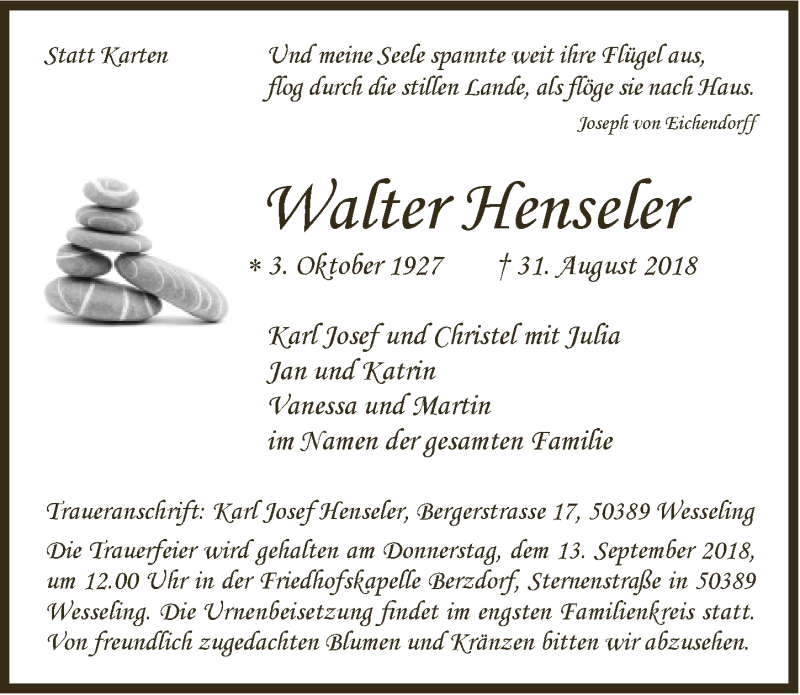  Traueranzeige für Walter Henseler vom 12.09.2018 aus  Schlossbote/Werbekurier 