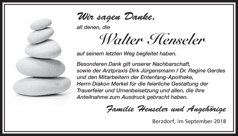  Traueranzeige für Walter Henseler vom 19.09.2018 aus  Schlossbote/Werbekurier 