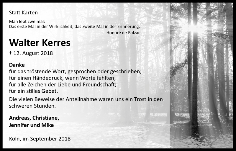  Traueranzeige für Walter Kerres vom 12.09.2018 aus  Kölner Wochenspiegel 