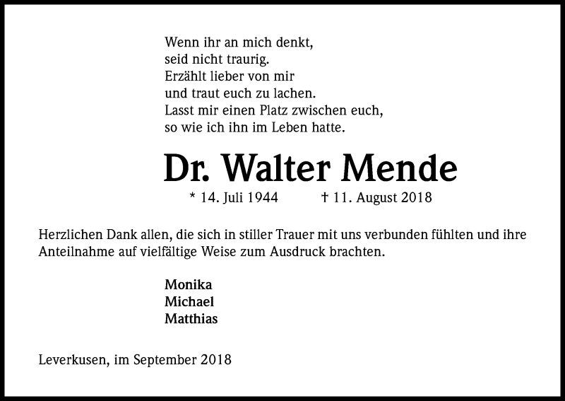  Traueranzeige für Walter Mende vom 08.09.2018 aus Kölner Stadt-Anzeiger / Kölnische Rundschau / Express