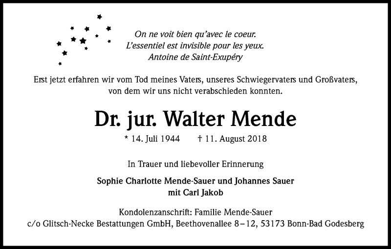  Traueranzeige für Walter Mende vom 08.09.2018 aus Kölner Stadt-Anzeiger / Kölnische Rundschau / Express