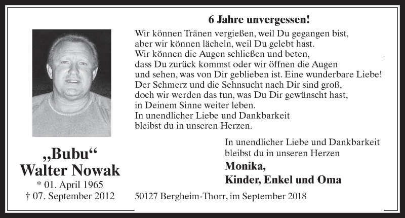  Traueranzeige für Walter Nowak vom 05.09.2018 aus  Werbepost 
