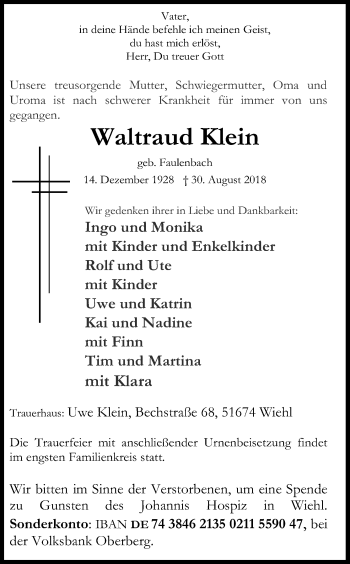 Anzeige von Waltraud Klein von Kölner Stadt-Anzeiger / Kölnische Rundschau / Express