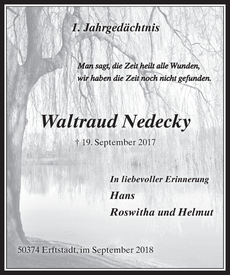  Traueranzeige für Waltraud Nedecky vom 19.09.2018 aus  Werbepost 
