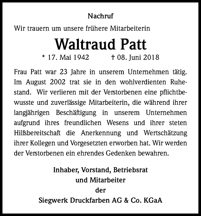  Traueranzeige für Waltraud Patt vom 14.09.2018 aus Kölner Stadt-Anzeiger / Kölnische Rundschau / Express