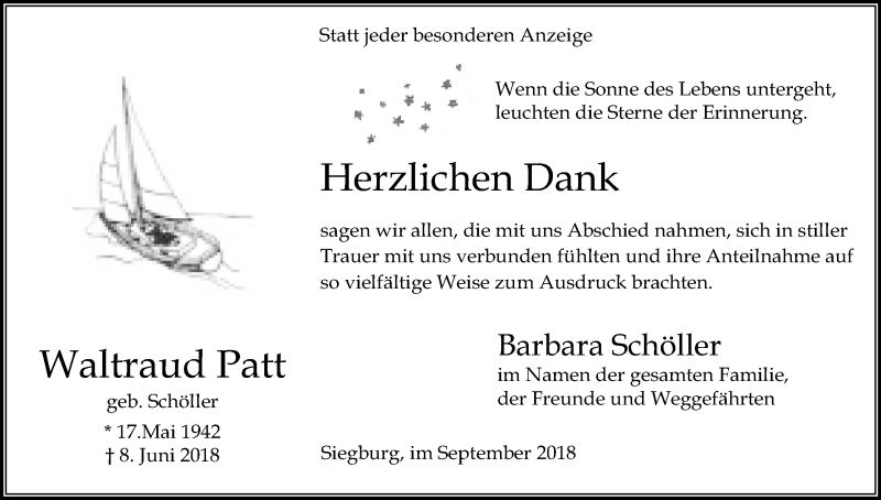  Traueranzeige für Waltraud Patt vom 08.09.2018 aus Kölner Stadt-Anzeiger / Kölnische Rundschau / Express