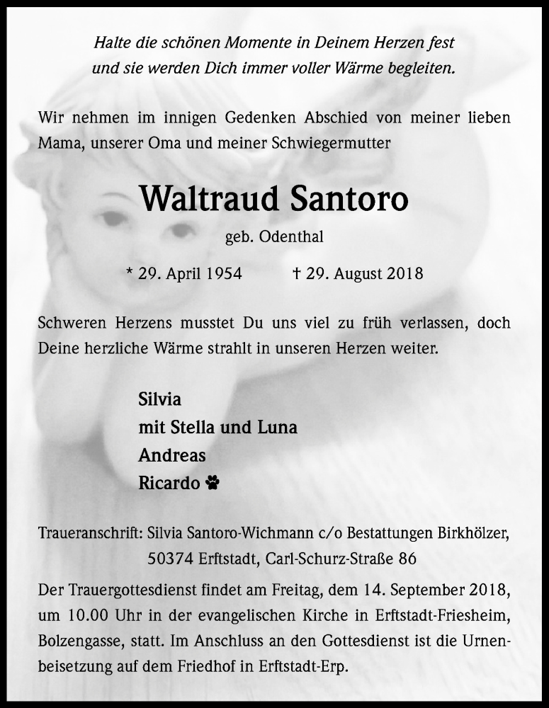  Traueranzeige für Waltraud Santoro vom 12.09.2018 aus Kölner Stadt-Anzeiger / Kölnische Rundschau / Express