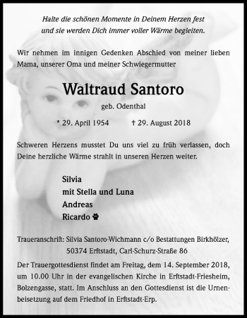 Anzeige von Waltraud Santoro von Kölner Stadt-Anzeiger / Kölnische Rundschau / Express