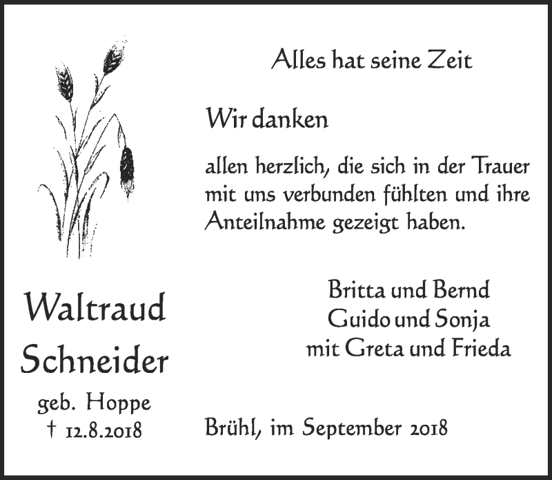  Traueranzeige für Waltraud Schneider vom 19.09.2018 aus  Schlossbote/Werbekurier 