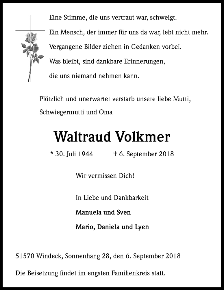  Traueranzeige für Waltraud Volkmer vom 15.09.2018 aus Kölner Stadt-Anzeiger / Kölnische Rundschau / Express