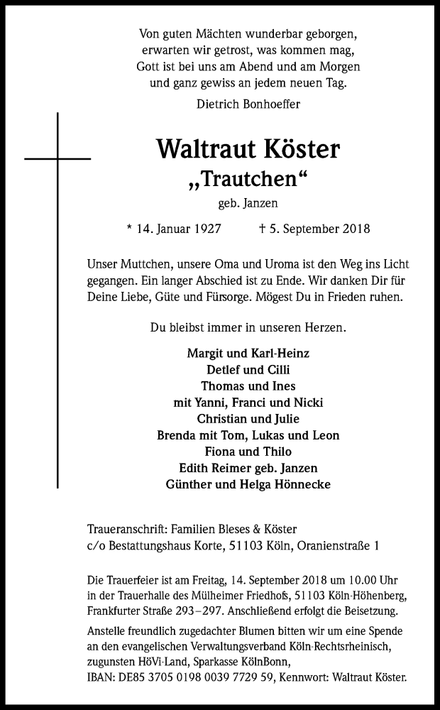  Traueranzeige für Waltraut Köster vom 08.09.2018 aus Kölner Stadt-Anzeiger / Kölnische Rundschau / Express