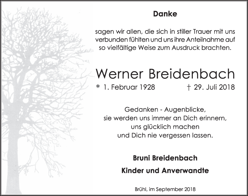  Traueranzeige für Werner Breidenbach vom 12.09.2018 aus  Schlossbote/Werbekurier 