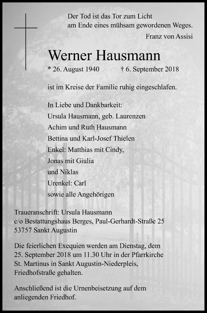  Traueranzeige für Werner Hausmann vom 15.09.2018 aus Kölner Stadt-Anzeiger / Kölnische Rundschau / Express