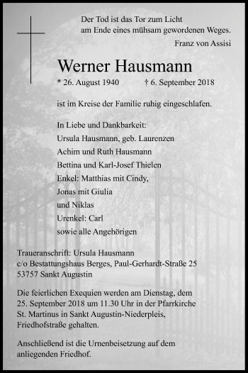Anzeige von Werner Hausmann von Kölner Stadt-Anzeiger / Kölnische Rundschau / Express