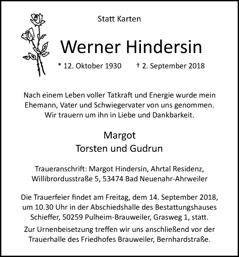  Traueranzeige für Werner Hindersin vom 08.09.2018 aus Kölner Stadt-Anzeiger / Kölnische Rundschau / Express
