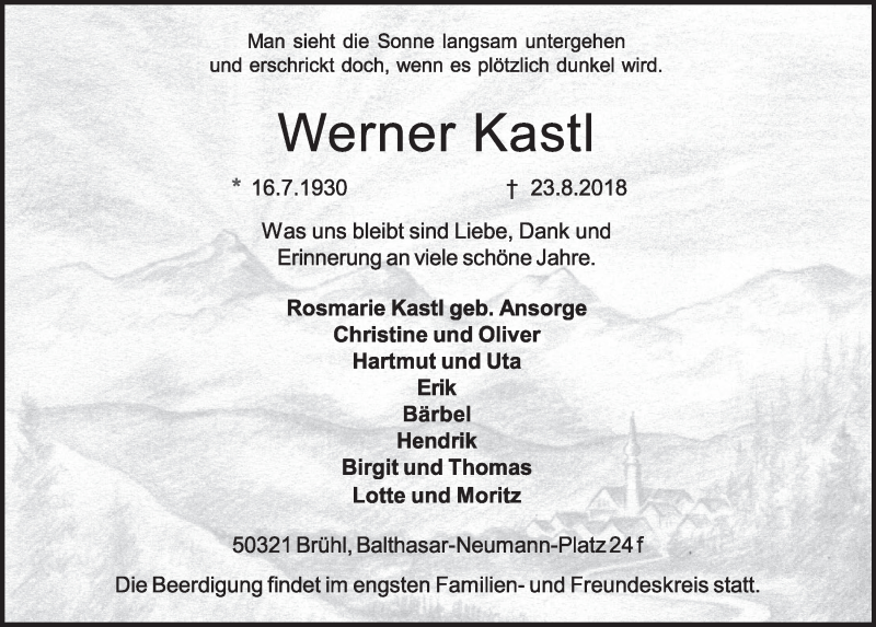  Traueranzeige für Werner Kastl vom 05.09.2018 aus  Schlossbote/Werbekurier 
