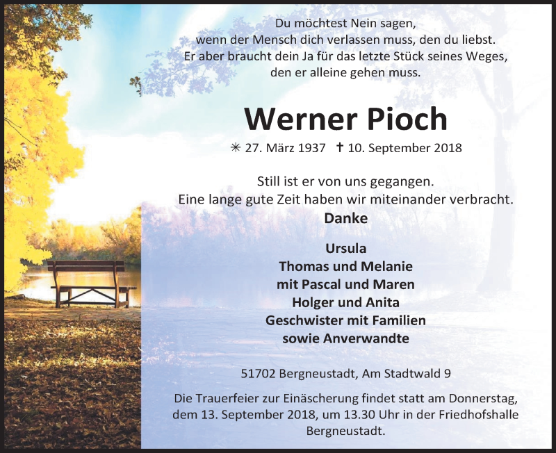 Traueranzeige für Werner Pioch vom 12.09.2018 aus Kölner Stadt-Anzeiger / Kölnische Rundschau / Express
