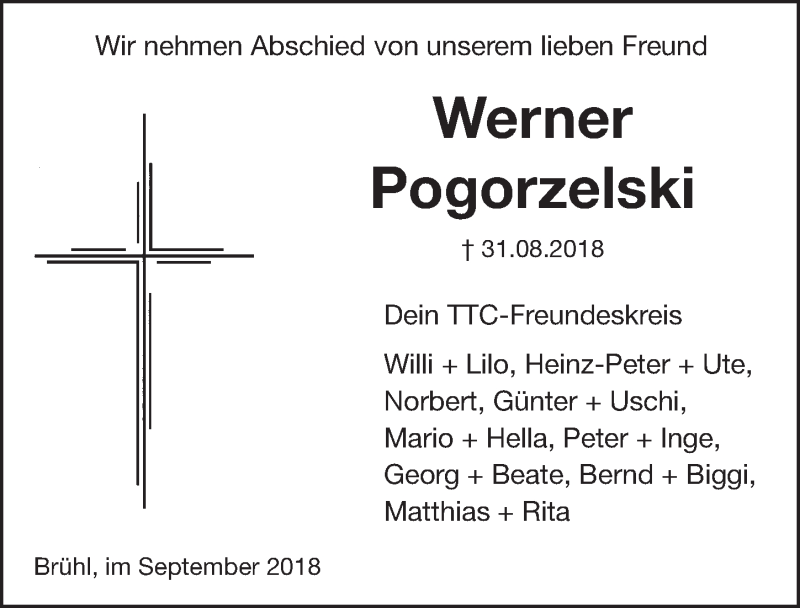  Traueranzeige für Werner Pogorzelski vom 12.09.2018 aus  Schlossbote/Werbekurier 