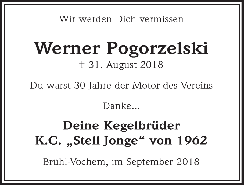  Traueranzeige für Werner Pogorzelski vom 19.09.2018 aus  Schlossbote/Werbekurier 
