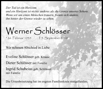 Anzeige von Werner Schlösser von Kölner Stadt-Anzeiger / Kölnische Rundschau / Express
