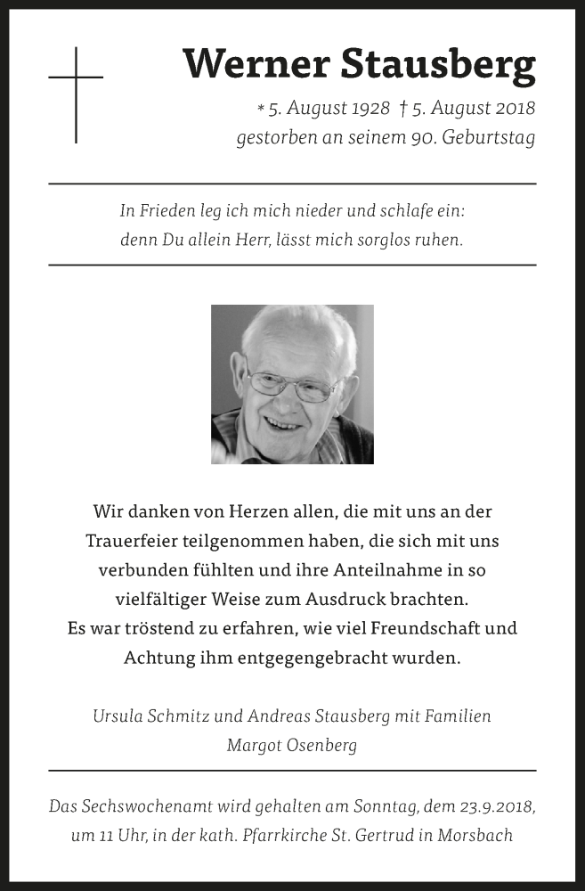  Traueranzeige für Werner Stausberg vom 12.09.2018 aus  Lokalanzeiger 