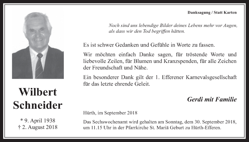  Traueranzeige für Wilbert Schneider vom 12.09.2018 aus  Wochenende 