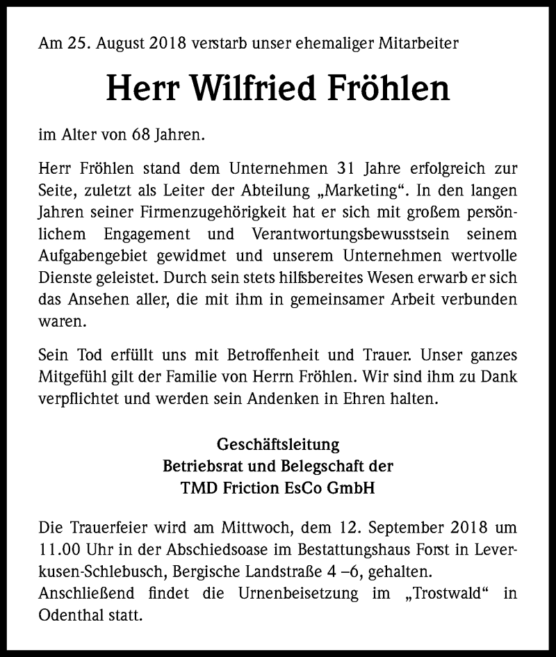  Traueranzeige für Wilfried Fröhlen vom 05.09.2018 aus Kölner Stadt-Anzeiger / Kölnische Rundschau / Express