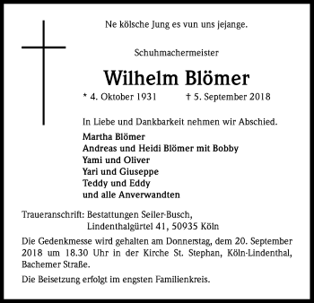 Anzeige von Wilhelm Blömer von Kölner Stadt-Anzeiger / Kölnische Rundschau / Express