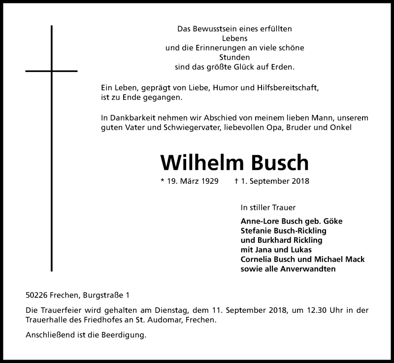  Traueranzeige für Wilhelm Busch vom 08.09.2018 aus Kölner Stadt-Anzeiger / Kölnische Rundschau / Express