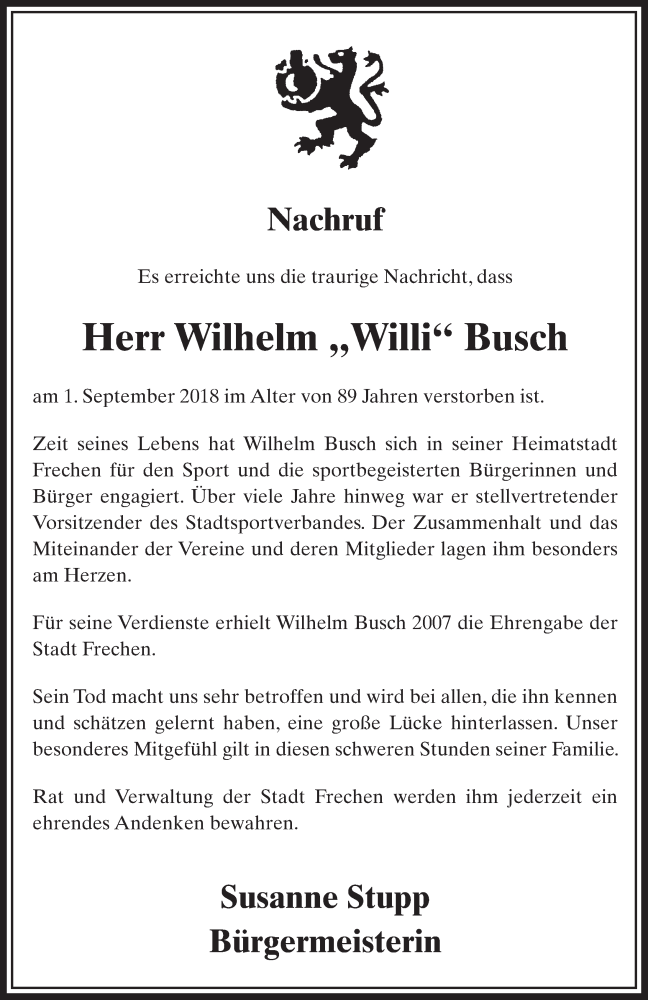  Traueranzeige für Wilhelm Busch vom 08.09.2018 aus  Sonntags-Post 