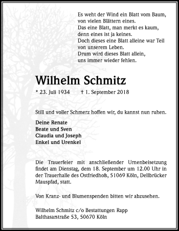 Anzeige von Wilhelm Schmitz von Kölner Stadt-Anzeiger / Kölnische Rundschau / Express
