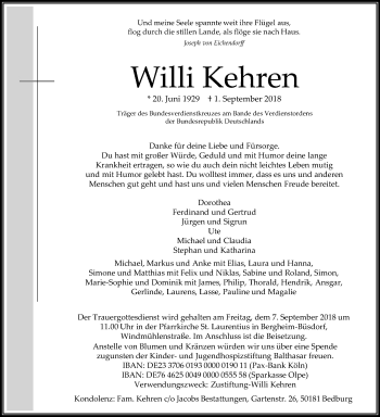 Anzeige von Willi Kehren von Kölner Stadt-Anzeiger / Kölnische Rundschau / Express