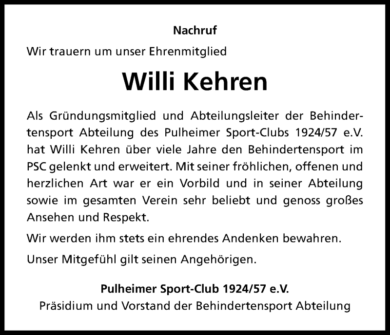  Traueranzeige für Willi Kehren vom 15.09.2018 aus Kölner Stadt-Anzeiger / Kölnische Rundschau / Express