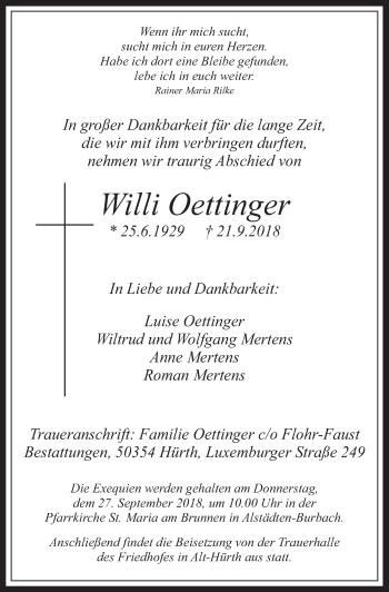 Anzeige von Willi Oettinger von  Wochenende 