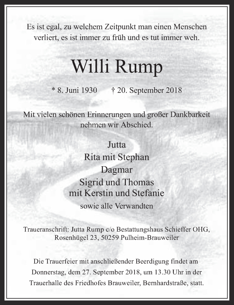  Traueranzeige für Willi Rump vom 26.09.2018 aus  Wochenende 