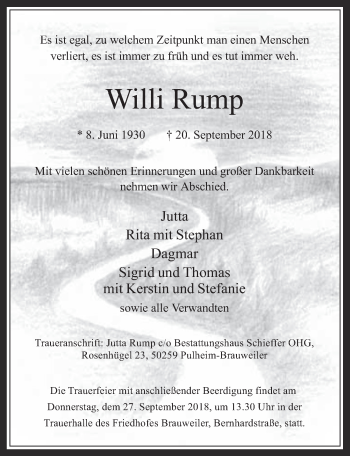 Anzeige von Willi Rump von  Wochenende 