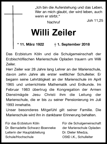 Anzeige von Willi Zeiler von Kölner Stadt-Anzeiger / Kölnische Rundschau / Express