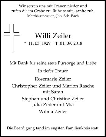 Anzeige von Willi Zeiler von Kölner Stadt-Anzeiger / Kölnische Rundschau / Express