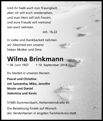 Anzeige von Wilma Brinkmann von Kölner Stadt-Anzeiger / Kölnische Rundschau / Express