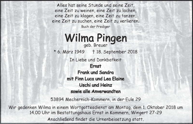  Traueranzeige für Wilma Pingen vom 29.09.2018 aus  Blickpunkt Euskirchen 