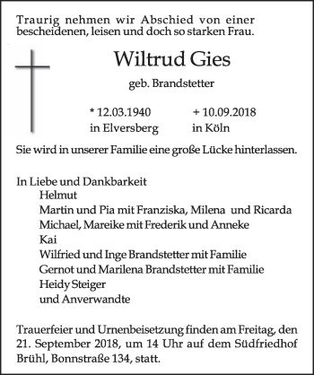 Anzeige von Wiltrud Gies von  Schlossbote/Werbekurier 