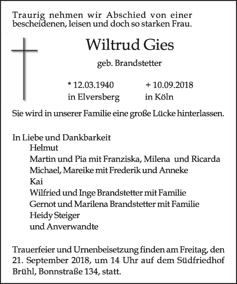  Traueranzeige für Wiltrud Gies vom 19.09.2018 aus  Schlossbote/Werbekurier 