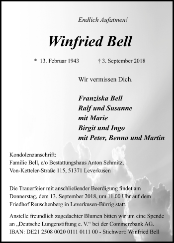 Anzeige von Winfried Bell von Kölner Stadt-Anzeiger / Kölnische Rundschau / Express