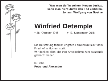 Anzeige von Winfried Detemple von Kölner Stadt-Anzeiger / Kölnische Rundschau / Express