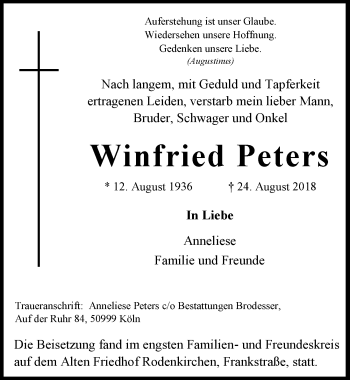 Anzeige von Winfried Peters von  Kölner Wochenspiegel 
