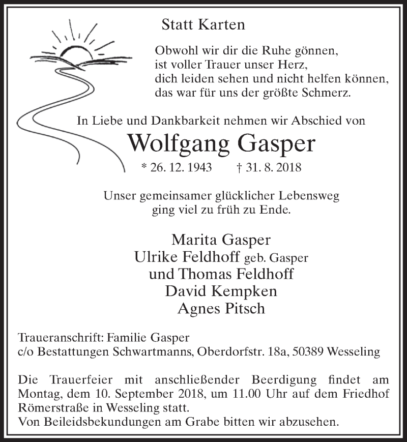  Traueranzeige für Wolfgang Gasper vom 05.09.2018 aus  Schlossbote/Werbekurier 