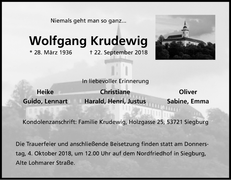  Traueranzeige für Wolfgang Krudewig vom 29.09.2018 aus Kölner Stadt-Anzeiger / Kölnische Rundschau / Express